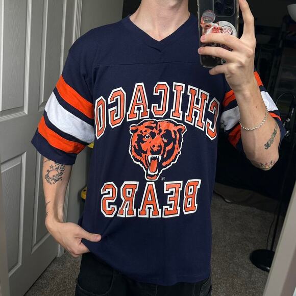 Vintage 80s 90s Logo 7 Chicago Bears VNeck 3qt Jersey Shirt - Picture 2 of 6